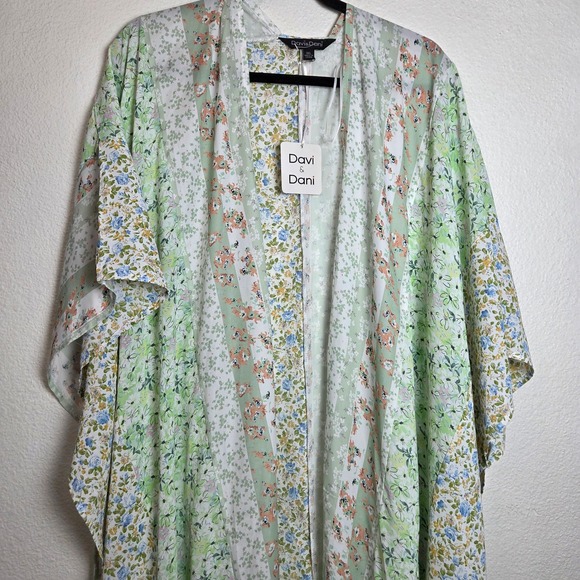 Davi & Dani Boho Cottagecore Green Open front duster mint green & white PLUS 3X - Picture 4 of 8
